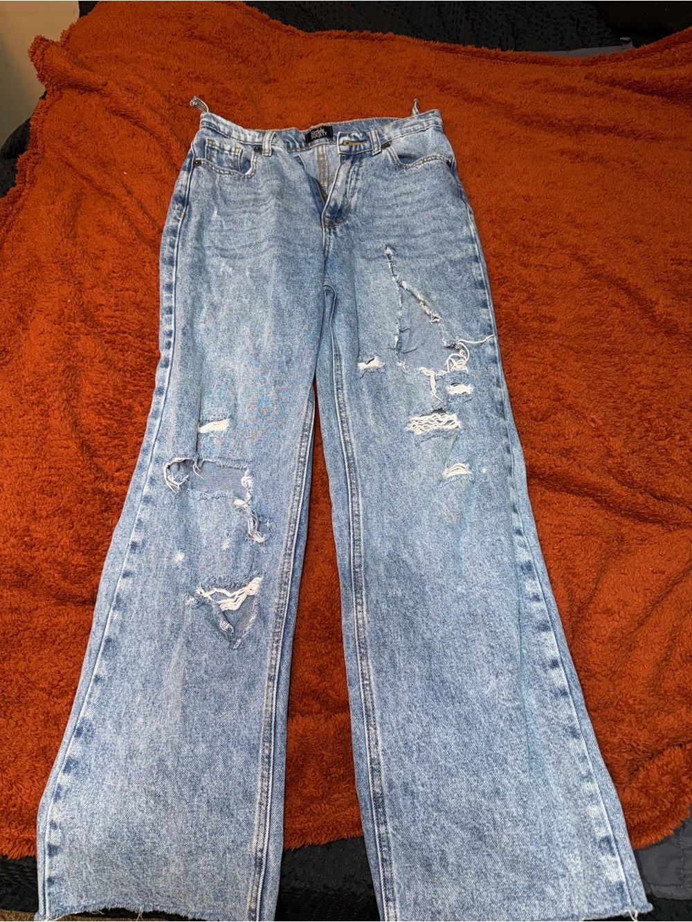High-Rise Light Wash Distressed Wide-Leg Jeans - Light Blue
